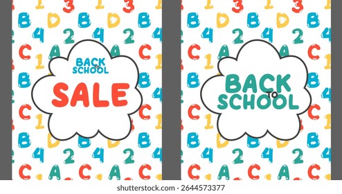 Back to School Sale Banner with Colorful Alphabet and Numbers Background. Vector poster