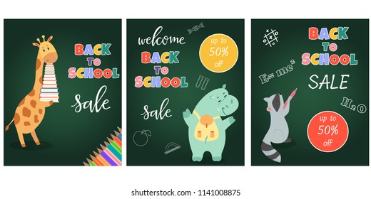 Back to school sale banner with cute animals.