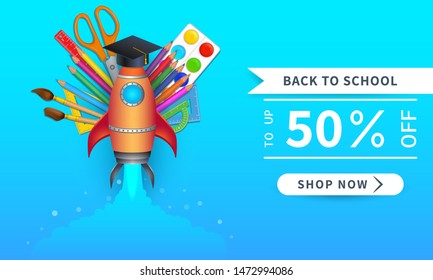 Back to school sale banner design with 50 percent off discount promotion rocket launch with set of colorful supplies. Template design with shop now button for education items marketing, shopping