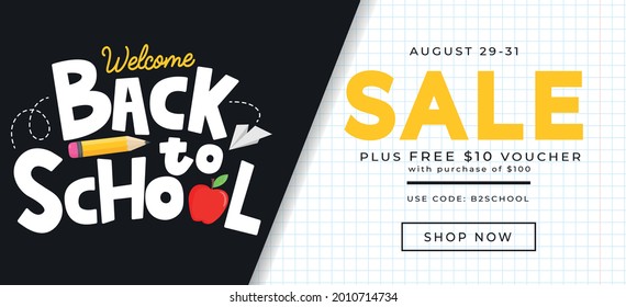 Back to school sale banner design template. Welcome back to school background. Flat style vector illustration for retail marketing promotion. Trendy school shopping concept with lettering.