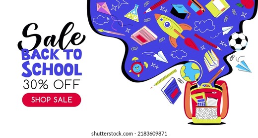 Back to school sale banner design template. Vector flat cartoon isolated illustration. Open school backpack with flying rocket, books, pencils on blue liquid background. Study and education concept