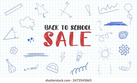 Back to school sale banner with doodle sketch elements