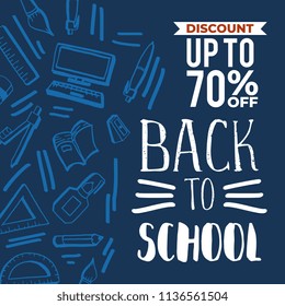 Back to school sale banner with school elements doodle background. Blue theme with hand drawing creative style.