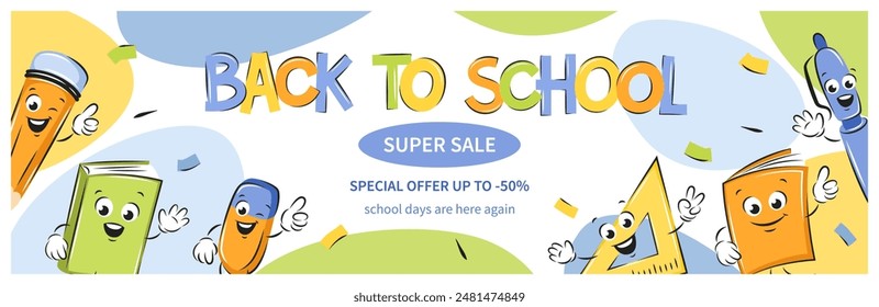 Back to school sale banner. School funny cartoon office supplies characters. Design poster for Sales, for ads, flyer, header. Vector illustration.