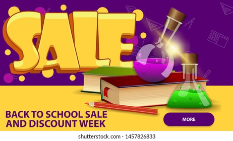 Back to school sale, banner in graffiti style with books and chemical flasks