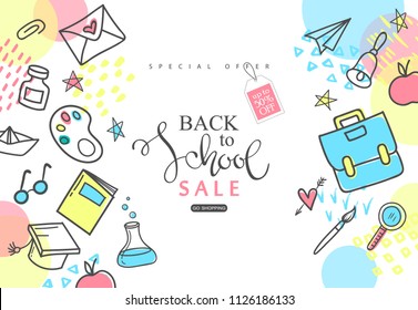 Back to school Sale banner. Hand drawn school supplies on white background.Vector illustration
