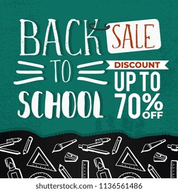 Back to school sale banner with hand drawn creative student equipments.