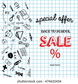 Back to school sale banner with hand drawndoodle elements. Sketch style background. Vector illustartion