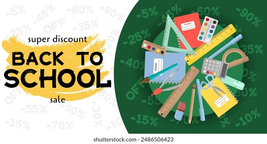 Back to school sale banner. Horizontal format design with school supplies: rulers, pencils, notebooks, paints. Banner for sale, promotions in flat style. Green and white colors.	Super discount sale.