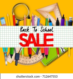 Back to school sale banner with illustration of realistic stationary