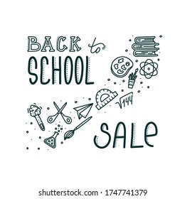 Back to school sale banner with lettering. Hand drawn inscription and objects associated with education. Vector illustration in doodle style