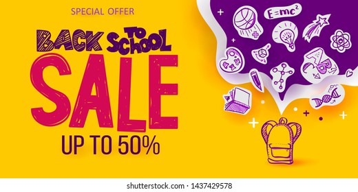 Back to School Sale banner with line art symbols of education, science objects on paper art cut out icons fly from bag. Vector hand drawn doodle illustration. Hand lettering and ink drawings