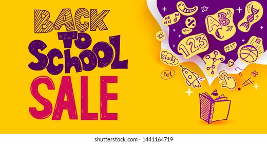 Back to School Sale banner with line art symbols of education, science objects on paper art cut out icons. Vector hand drawn doodle illustration. Hand lettering and ink drawings