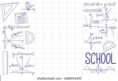 Back to school sale banner with place for text. Sheet of notebook background vector illustration. Blank space with equation. Doodles of stationery and formulas, calculation.