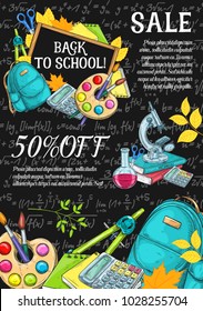 Back to School sale banner or poster sketch template for September autumn seasonal school store discount promo on blackboard. Vector school bag, books or paint brush and maple leaf, notebook or ruler