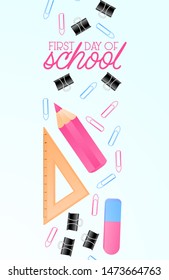 Back to school sale banner, poster background. Place for text, multicolor pencils and other school supplies on notebook sheet. Layout for discount labels, flyers and shopping