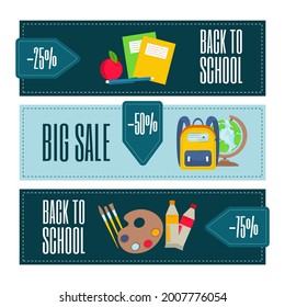  back to school sale banner, poster, flat vector design. Education symbols, objects set.