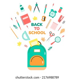 Back to school sale banner, poster. Stationery pictograms. Backpack, ruler, book, brush, pen, globe, pencil and other simple style items. Over white background vector  illustration.