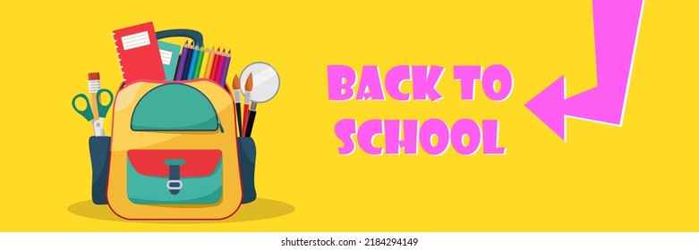 back to school sale banner, poster, flat design colorful, vector background. Education student backpack