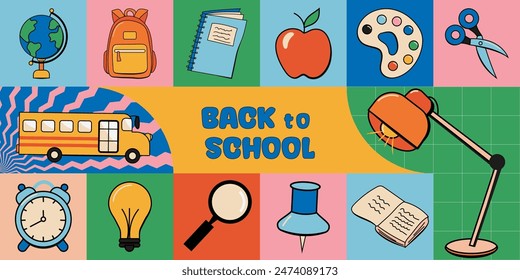 Back to school sale banner, poster, background. Groove retro style vector illustration.