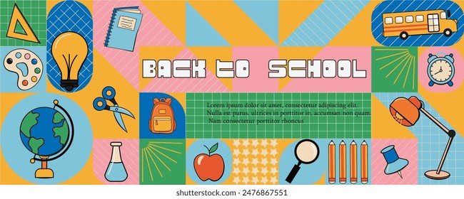 Back to school sale banner, poster, background. Groove retro style vector illustration.