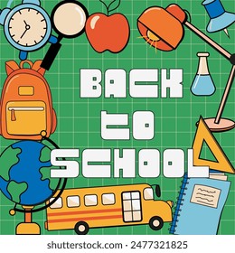 Back to school sale banner, poster, background. Groove retro style vector illustration.