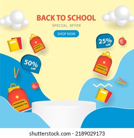 Back to school sale banner with product display cylindrical shape