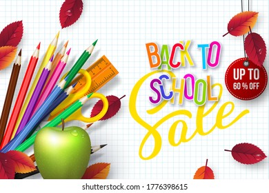 Back to school Sale banner with realistic school supplies, apples and autumn leaves. 3d text on checkered background. Discount label. Vector illustration.