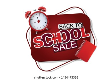 Back to school sale banner in red color with realistic supplies for study - retro alarm clock and a ring notebook. Header for advertisement promotion. Vector illustration.
