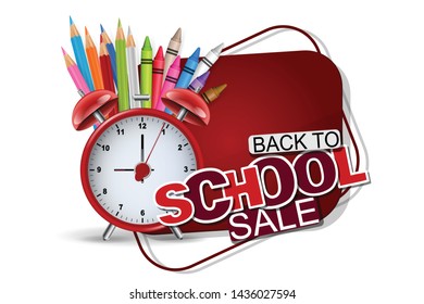 Back to school sale banner in red color with realistic supplies for study - retro alarm clock, coloring pencils, crayons. Header for advertisement promotion. Vector illustration.