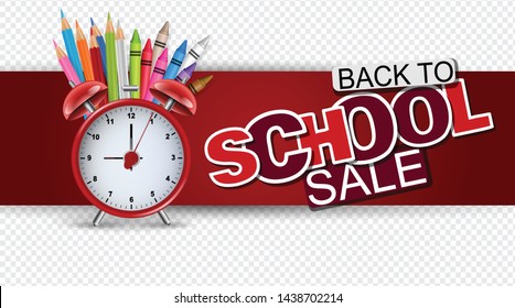 Back to school sale banner in red color with realistic supplies for study - retro alarm clock, coloring pencils, crayons. Header for advertisement promotion. Vector illustration.