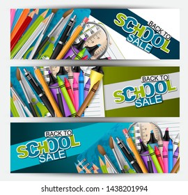 Back to school sale banner set. Header for advertisement or shopping discount promotion. Realistic study supplies. Vector illustration.