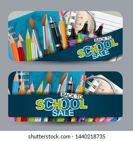 Back to school sale banner set. Header for advertisement or shopping discount promotion. Realistic study supplies. Vector illustration.