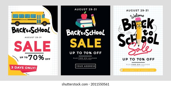 Back to school sale banner set for retail marketing promotion. Flat style design templates for poster, invitation, post, sale, web. Cartoon school supplies with lettering. Vector illustration