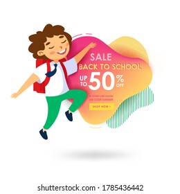 Back to School Sale Banner for Store and Online Shopping. Promo Poster in Memphis Style with Cute Cartoon Boy Student Jump with Close Eyes. Happy Pupil Discount of Studying Supplies, Promotional Offer
