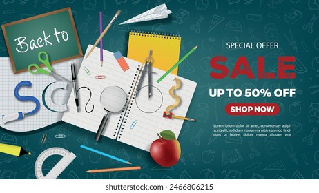 back to school sale banner with school supplies and chalk doodles