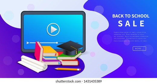 Back to school sale banner with tablet computer, stack of books, pencil and graduation cap. Design template for online classes, store, e-learning, school supplies, banner or digital marketing