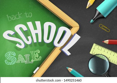 Back to school sale banner template with 3d text, colorful hand drawn message and school supplies, education elements on textured black chalkboard background. Top view vector illustration