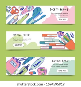 Back to school sale banner template design vector illustration. Schooling and education concept. Background with lettering and school supplies like pen, notebook, ruler, marker and tape with eraser.