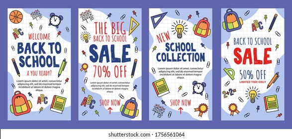 Back to school sale banner template collection vector illustration. Limited time only flat style. Discount on school supplies. Welcome to school. Education concept. Isolated on blue background