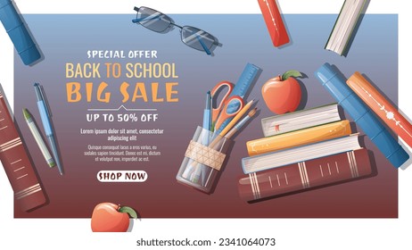 Back to school sale banner template with textbooks, books, stationery. School time, back to school, education.Concept web design, website page