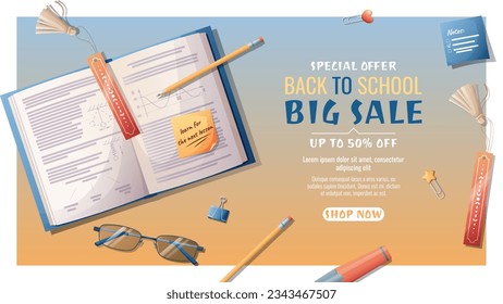 Back to school sale banner template  with book, bookmark, glasses and stationery. Books, bookstore, library. School time, back to school, education.
