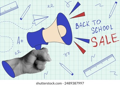 Back to School Sale banner template design. Doodle hand drawn element and trendy Halftone Collage. Halftone effect vector aesthetic can used school fair Sale. EPS 10
