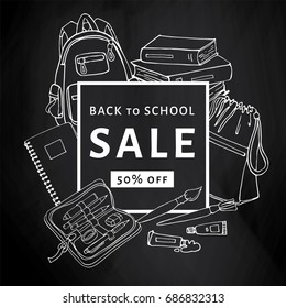 Back to school sale banner template on blackboard. Stationary products illustration for design. Printed materials for brochures, folder, fliers, banners, leaflet.
