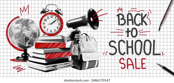 Back to school sale banner. Trending collage style. Learning Concept. Books, backpack, globe, clock, stationery.