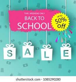 Back to school sale banner vector design in green background with school items and objects for store discount promotion. Vector illustration eps10.
