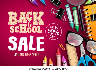 Back to school sale banner vector design in red background with school supplies and education elements for store discount promotion. Vector illustration 