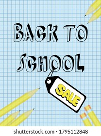 Volver a la venta escolar diseño vectorial de banner en segundo plano con suministros escolares y elementos educativos para la promoción del descuento de tienda. Ilustración del vector