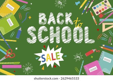 Back to School Sale Banner. Vector School Supplies Advertisement Poster. Web Ad Template, Special Offer, Discount. Hand drawn illustration