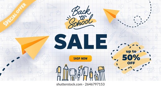 Back to school sale banner. Vector hand drawn promotion poster with realistic paper planes and doodle drawings of school supplies. White crumpled checkered notebook paper background. Web ad template